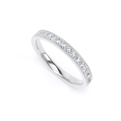 Grain set diamond channel ring with mille-grain edge