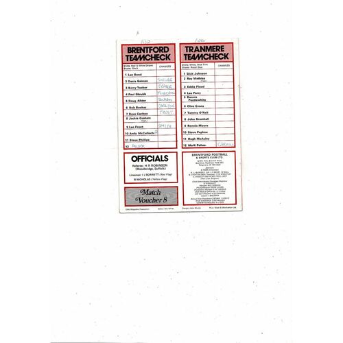 1978/79 Brentford v Tranmere Rovers Football Programme