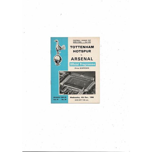 1968/69 Tottenham Hotspur v Arsenal League Cup Semi Final Football Programme