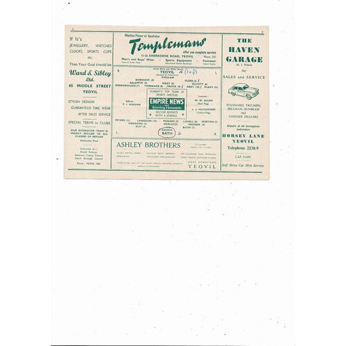 1957/58 Yeovil Town v Bath City Southern League Cup Football Programme