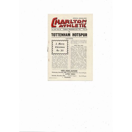 1951/52 Charlton Athletic v Tottenham Hotspur Football Programme