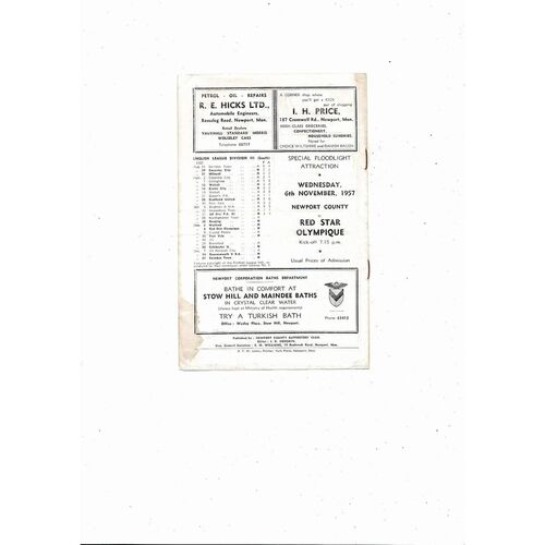 1957/58 Newport County v Reading Football Programme