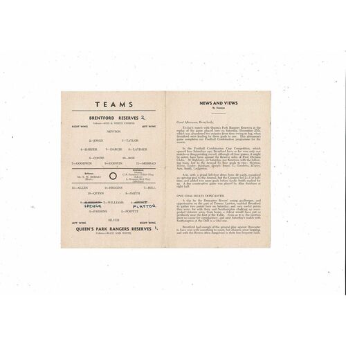 Brentford v Queens Park Rangers Football Combination Programme  1952/53 February