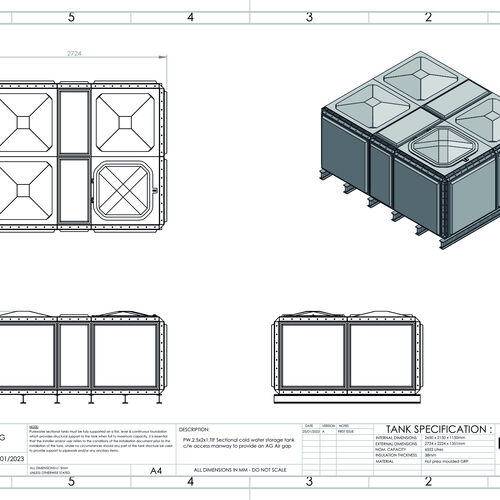 PW.2.5X2X1.TIF.AG - 6552 LITRE SECTIONAL WATER TANK, TOTALLY INTERNALLY FLANGED (TIF)