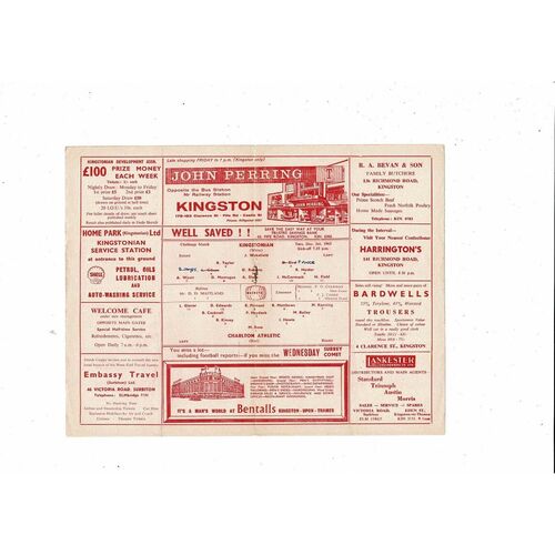 Kingstonian v Charlton Athletic Friendly Football Programme 1963/64