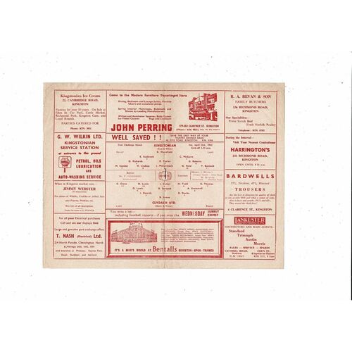 Kingstonian v Clydach United Friendly Football Programme 1961/62