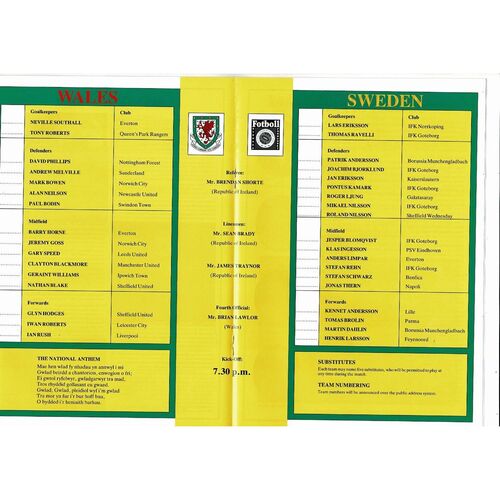 1994 Wales v Sweden International Friendly Football Programme @ Wrexham