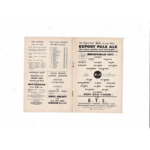 1958/59 Birmingham City v West Ham United Football Programme