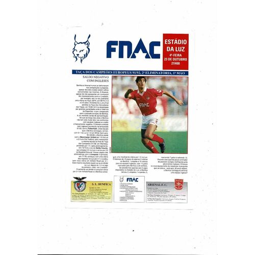Benfica v Arsenal European Cup Football Programme 1991/1992