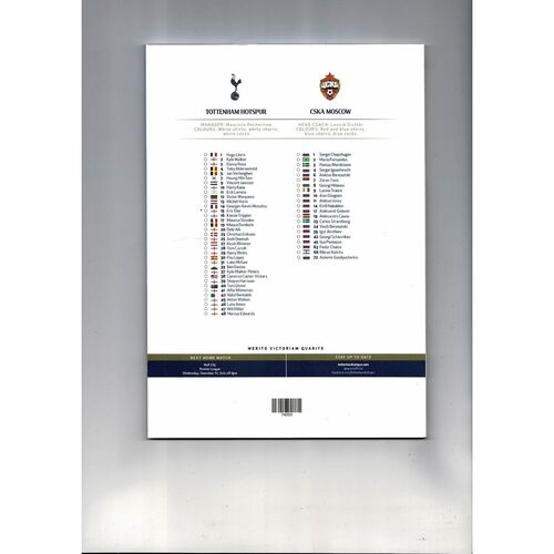 Tottenham Hotspur v CSKA Moscow Champions League Football Programme 2016/17