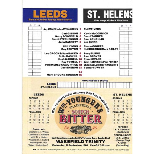 1988/89 Leeds v St. Helens (25/09/1988) Rugby League Programme