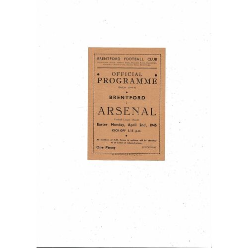 1944/45 Brentford v Arsenal Football Programme April