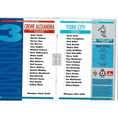 1993 Crewe Alexandra v York City Div 3 Play Off Final Football Programme