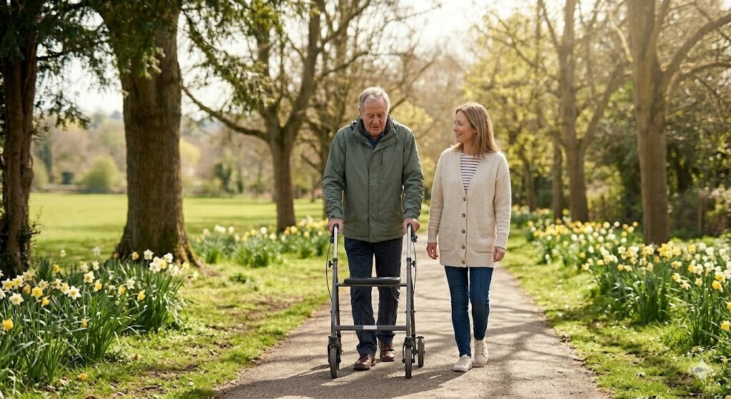 A wide, candid photo of an elderly man using a walker alongside a supportive woman in a sunlit Bristol park with spring daffodils.