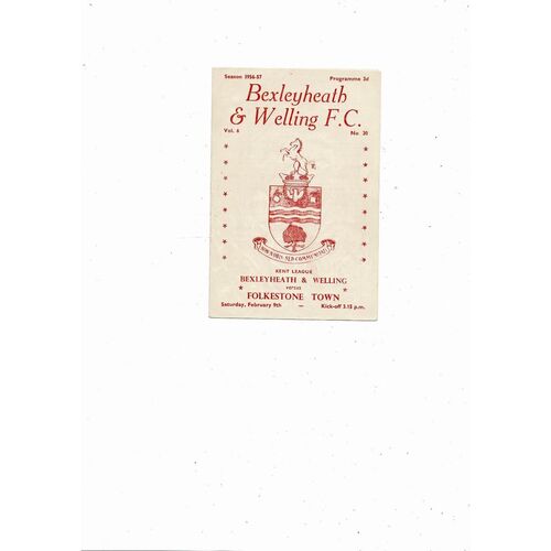 1956/57 Bexleyheath & Welling v Folkestone Town Kent League Football Programme