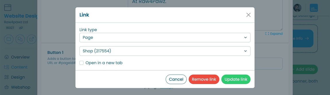 A screenshot showing the new link settings in Webfactory's Website Editor
