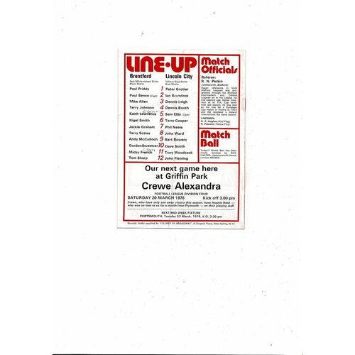 1975/76 Brentford v Lincoln City Football Programme