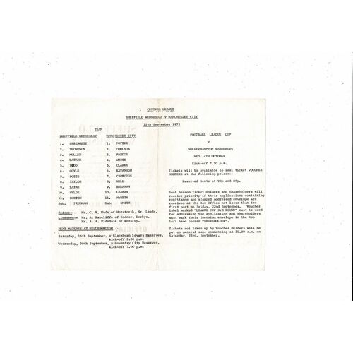 Sheffield Wednesday v Manchester City Central League Football Programme 1972/73