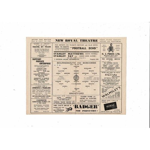 1956/57 Bournemouth v Brentford Football Programme