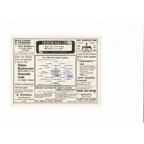 Bedford Town v Arsenal FA Cup Replay Football Programme 1955/56