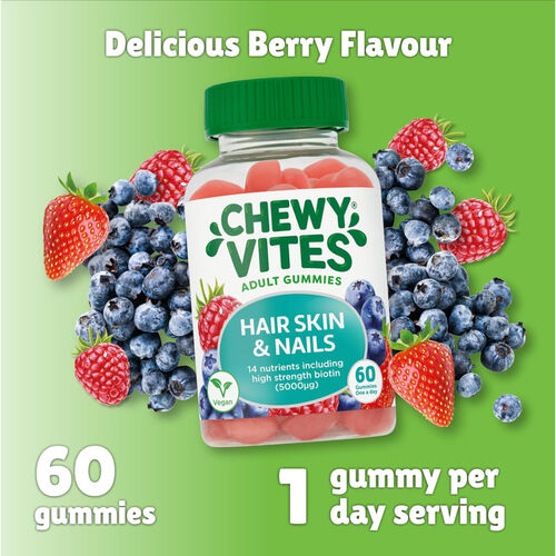 Chewy Vites Adult Hair Skin & Nails - High-Strength Biotin 5000mcg Blueberry & Raspberry Flavour - 60 Gummies