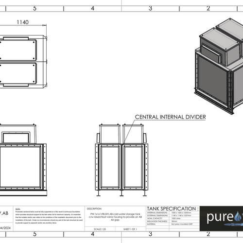 PW.1X1X1.IFB.DIV.AB (0.5+0.5) - 1000 LITRE DIVIDED SECTIONAL WATER TANK, INTERNALLY FLANGED BASE (IFB) C/W FVH