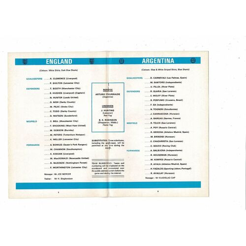 1974 England v Argentina Football Programme