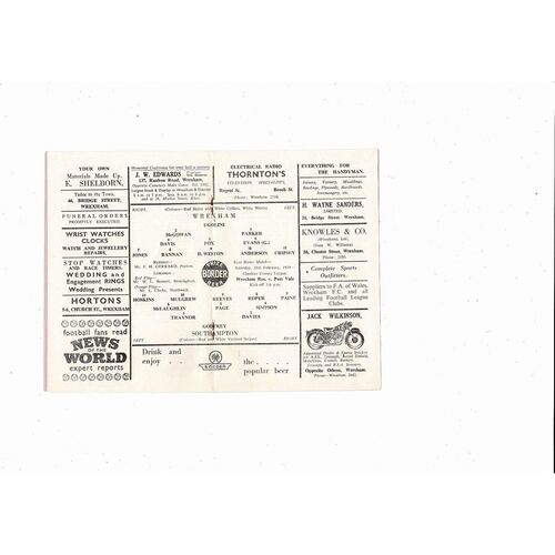 1958/59 Wrexham v Southampton Football Programme