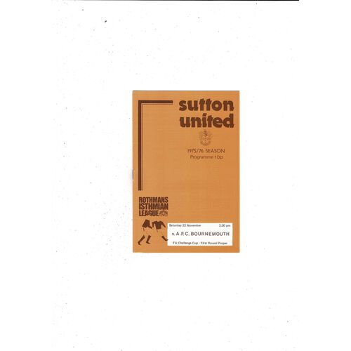 Sutton United v Bournemouth FA Cup Football Programme 1975/76