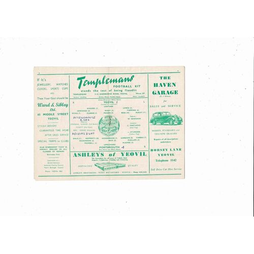 Yeovil Town v Portsmouth Friendly Football Programme 1954/55