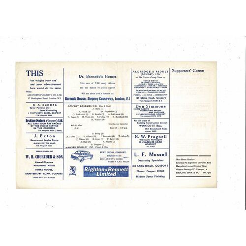 1967/68 Gosport Borough v Hawker Siddeley Hampshire League Football Programme