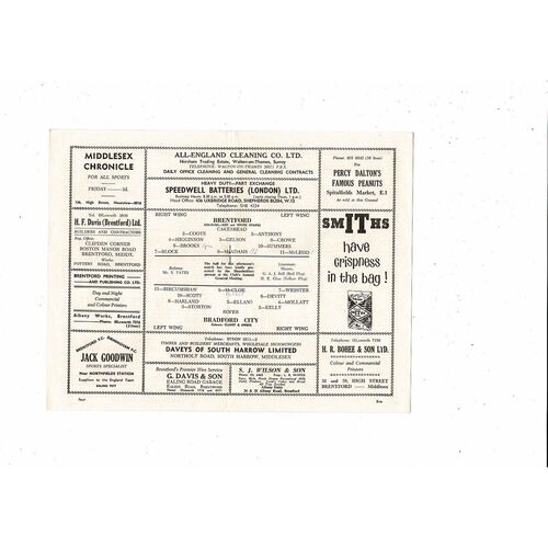 1962/63 Brentford v Bradford City Football Programme