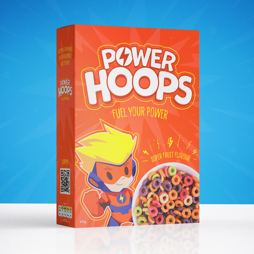 A box of super hero cereal on a table