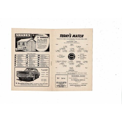 1958/59 Coventry City v Chester Football Programme