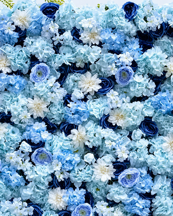 Blue Flower Wall backdrop for weddings, corporate events and celebrations