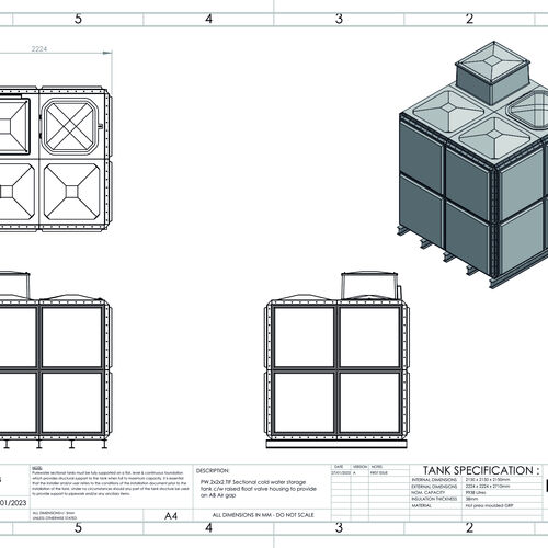 PW.2X2X2.TIF.AB - 9938 LITRE SECTIONAL WATER TANK, TOTALLY INTERNALLY FLANGED (TIF) C/W FVH
