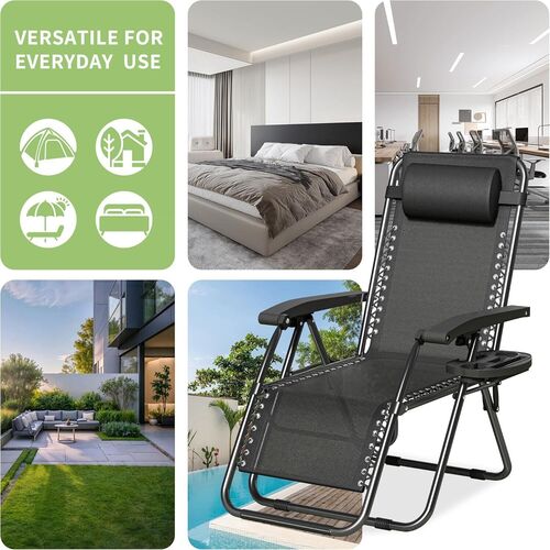 mcc direct Zero Gravity Reclining Chair Set of 1 – Folding Outdoor & Garden Chairs with Textilene Fabric, Cup Holder and Headrest Pillow – TEXTILENE