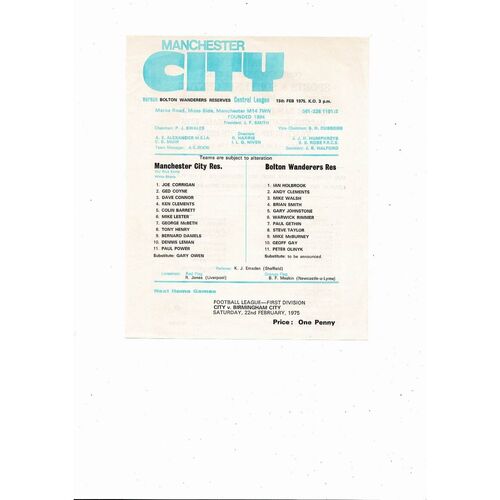 Manchester City v Bolton Wanderers Central League Football Programme 1974/75