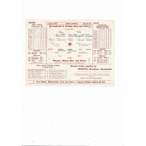 1957/58 Bexleyheath & Welling v Margate Kent League Football Programmes