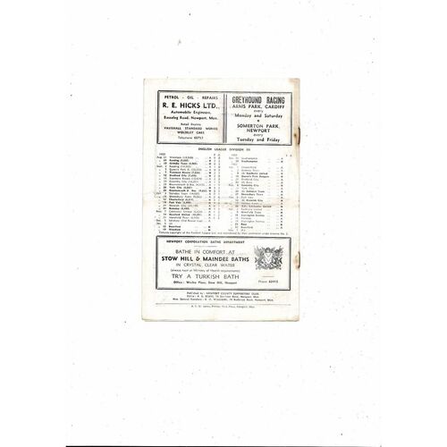 1959/60 Newport County v Halifax Town Football Programme