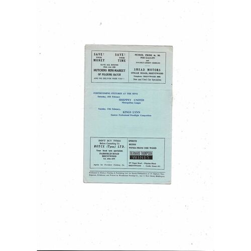 1967/68 Brentwood Town v Crawley Town Football Programme