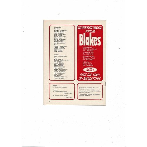 Liverpool v Celtic Ron Yeats Testimonial Football Programme 1974/75