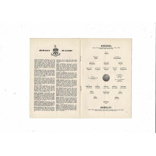 1960/61 Arsenal v Burnley Football Programme
