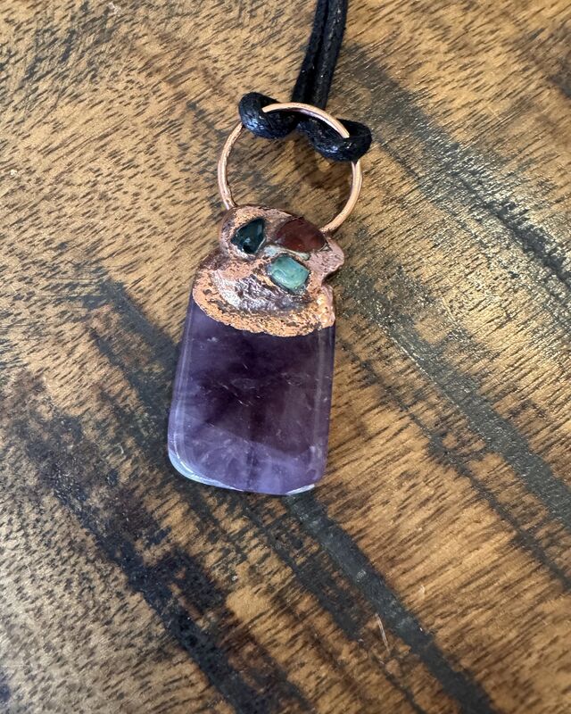 Auralite 23 and tourmaline, copper dipped pendant