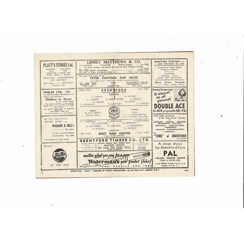 1951/52 Brentford v West Ham United Football Programme. March 29th