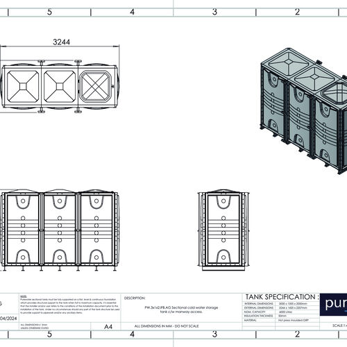PW.3X1X2.IFB.AG - 6000 LITRE SECTIONAL WATER TANK, INTERNALLY FLANGED BASE (IFB)