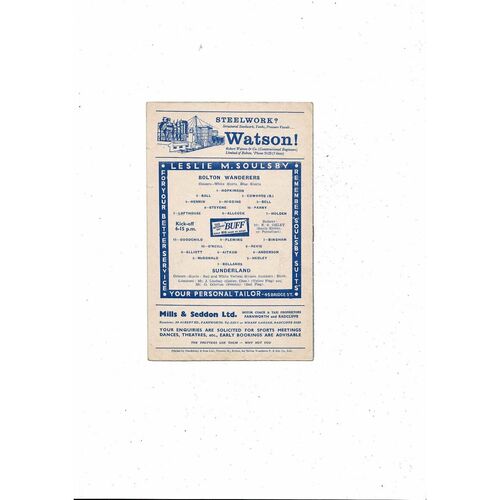 1957/58 Bolton Wanderers v Sunderland Football Programme