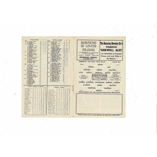 1954/55 Barnsley v Hartlepool United Football Programme