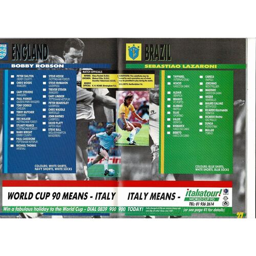 1990 England v Brazil Football Programme