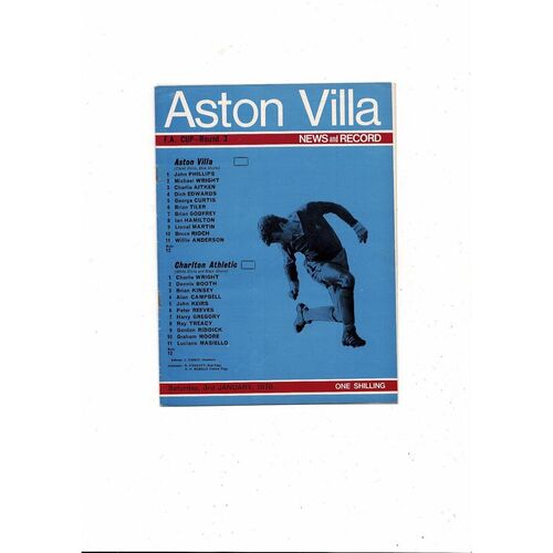 1969/70 Aston Villa v Charlton Athletic Football Programme